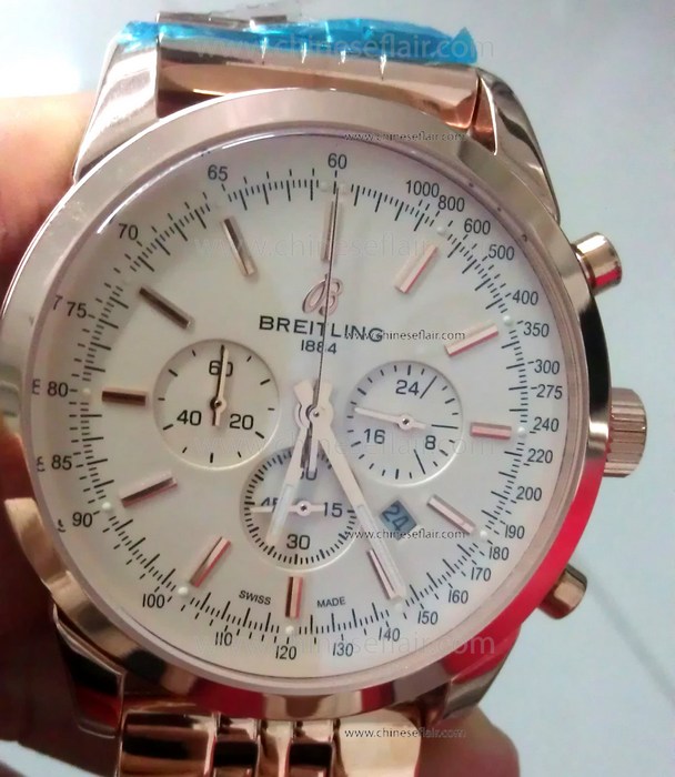 Rose Gold Breitling Transocean White Face Chronograph Watch